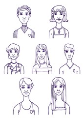 Young people set of teenagers students vector illustration of a contour hand drawing