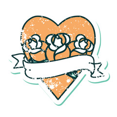distressed sticker tattoo style icon of a heart and banner with flowers