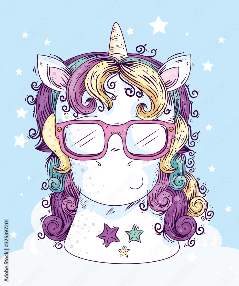 Wall mural head of cute unicorn fantasy with stars decoration vector illustration design