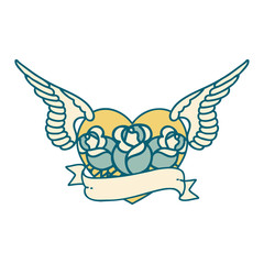 tattoo style icon of a flying heart with flowers and banner
