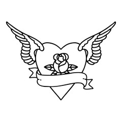 black line tattoo of a heart with wings a rose and banner
