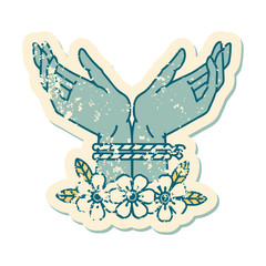 distressed sticker tattoo style icon of hands tied