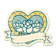 distressed sticker tattoo style icon of a heart and banner with flowers