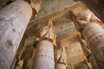 Beautiful interior of the Temple of Dendera or the Temple of Hathor. Egypt, Dendera, Ancient...