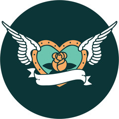 tattoo style icon of a flying heart with flowers and banner
