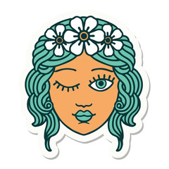 tattoo style sticker of a maidens face winking