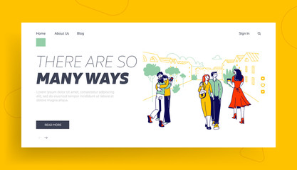 Obraz na płótnie Canvas Treason, Perfidy and Love Triangle Website Landing Page. People with Soulmates Walking on Street Looking on other Attractive Persons, Cheat Web Page Banner. Cartoon Flat Vector Illustration, Line Art