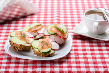 small sandwiches with salmon on vegetables
