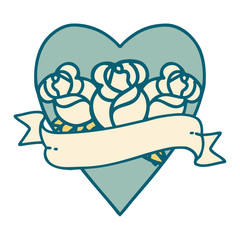 tattoo style icon of a heart and banner with flowers