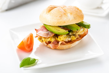 sandwich with bacon, egg and avocado