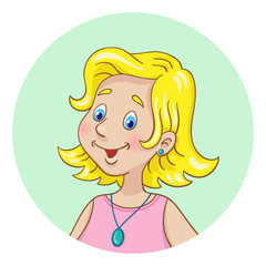 Portrait of a young woman with blond hair. Avatar icon in the circle. Isolated on white background. In cartoon style. Vector illustration.