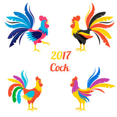 Vector cartoon illustration of a cock in flat style. Set of multicolored roosters with beautiful colored fluffy tail. Vector illustration isolated on white background.