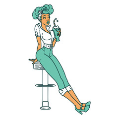 tattoo style icon of a pinup girl drinking a milkshake