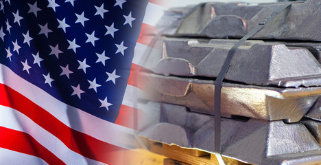 Trade in aluminum. Aluminum prices on the American stock exchange. Aluminum billet next to the flag...