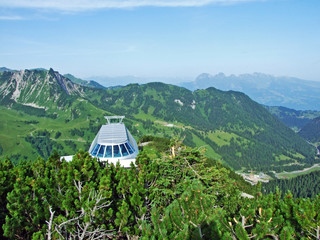 Sareis chairlift in Malbun or Sesselbahn Sareis over the Malbuntal alpine valley and in the...