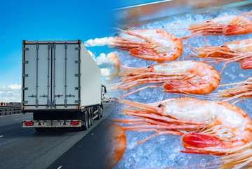 Truck for transporting fresh shrimp. Shrimp on ice on the background of a truck with a...