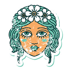 distressed sticker tattoo style icon of female face with crown of flowers