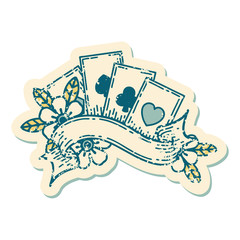 distressed sticker tattoo style icon of cards and banner