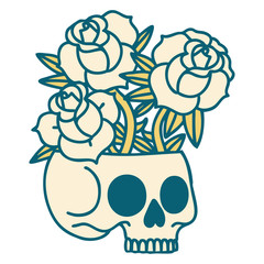 tattoo style icon of a skull and roses