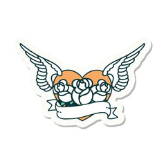 tattoo style sticker of a flying heart with flowers and banner