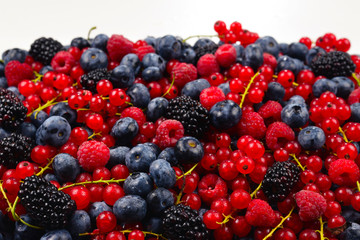 Blackberry, raspberry, blueberry,  red currant and mint background.