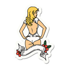 tattoo style sticker of a pinup swimsuit girl with banner