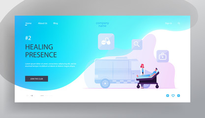 Health Care Website Landing Page. Ambulance Medic Transporting Patient with Apoplexy Attack to Hospital. Emergency Paramedic Doctor Character and Car Web Page Banner. Cartoon Flat Vector Illustration