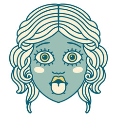 tattoo style icon of female face sticking out tongue