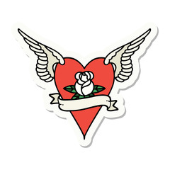 tattoo style sticker of a flying heart with flowers and banner