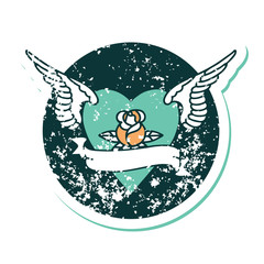 distressed sticker tattoo style icon of a heart with wings a rose and banner