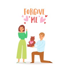 Forgive me concept with young couple, angry woman after quarrel looking with frustrated look and man asking forgiveness with gift love cartoon vector illustration. Forgive me poster.