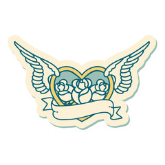 tattoo style sticker of a flying heart with flowers and banner