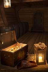 Outside of pirate old ship with treasure chest and ship lantern. Pirate boat background. 3d illustration of deck of a pirate boat. Mixed media.