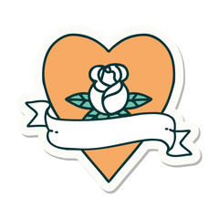 tattoo style sticker of a heart rose and banner