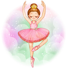 Watercolor princess ballerina brunette with golden crown © angela0982