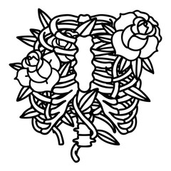 black line tattoo of a rib cage and flowers