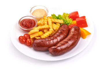 Grilled BBQ sausages with french fries, isolated on white background