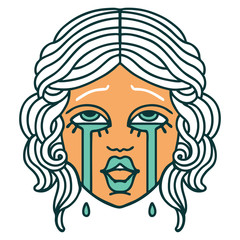 tattoo style icon of a very happy crying female face