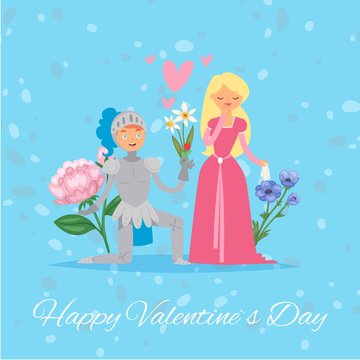 Happy Valentine day medieval princess lady and knight love day with flowers and hearts cartoon vector illustration. Day of love with fairy princess and knight for valentines day.