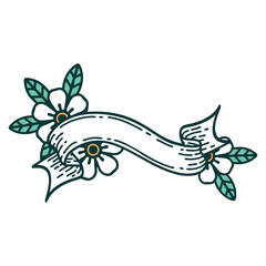 tattoo style icon of a banner and flowers
