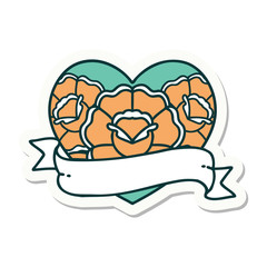 tattoo style sticker of a heart and banner with flowers