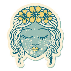 distressed sticker tattoo style icon of a maidens face