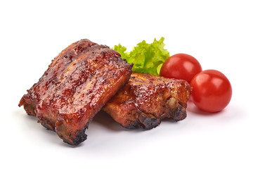Grilled Ribs in Barbecue Sauce with herbs, isolated on a white background