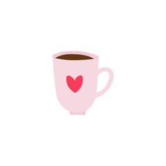 Hand drawn coffee mug flat vector icon isolated on a white background.Coffee mug with heart on it.Valentine's day coffee mug.