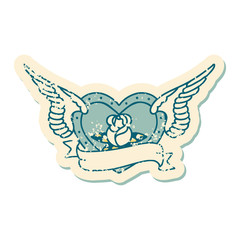 distressed sticker tattoo style icon of a flying heart with flowers and banner