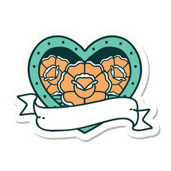 tattoo style sticker of a heart and banner with flowers