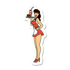tattoo style sticker of a pinup waitress girl