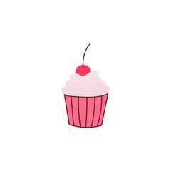 Cute cupcake with cherry on top flat vector icon isolated on a white background.