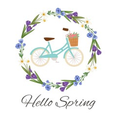 Hello spring floral wreath with flowers and ladies bicycle for card or poster and birthday cards, vector illustration. Hello spring bike and flowers background.