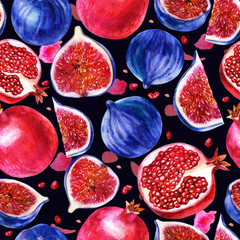 Watercolor illustration, pattern. Figs and pomegranate on a dark purple background